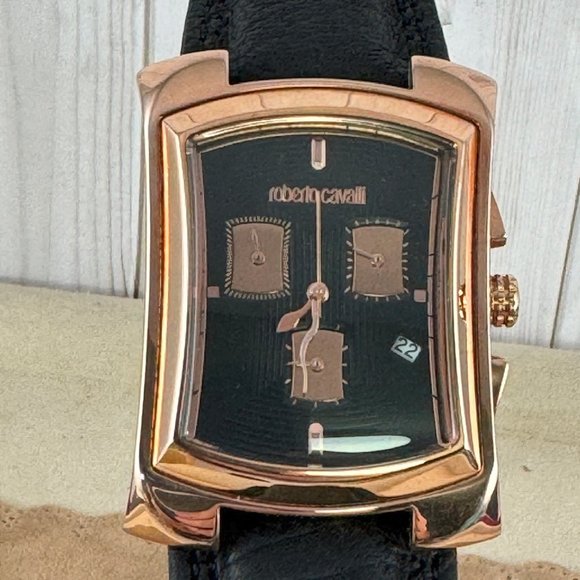 New Roberto Cavalli Chronograp Watch Rose Gold with 9.5in Black Embossed Strap - Picture 9 of 10